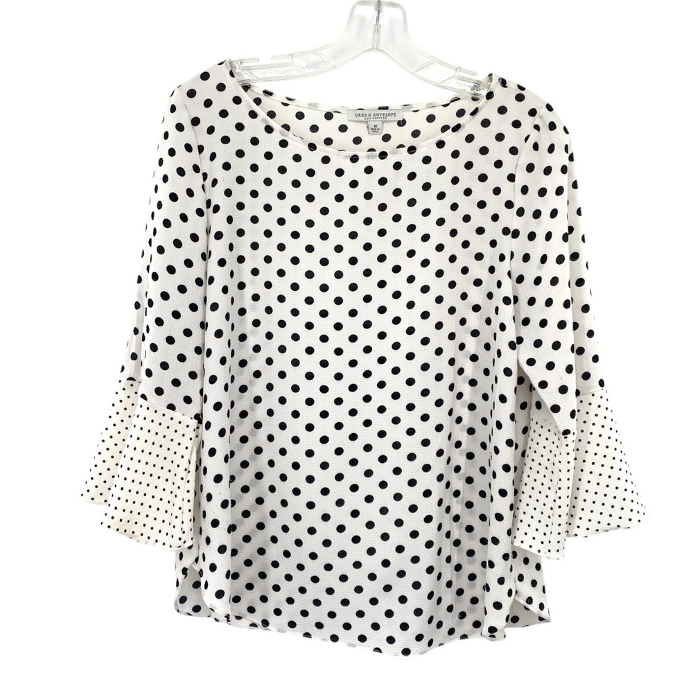 Green Envelope Black and White Polka Dot Blouse Business Casual Top